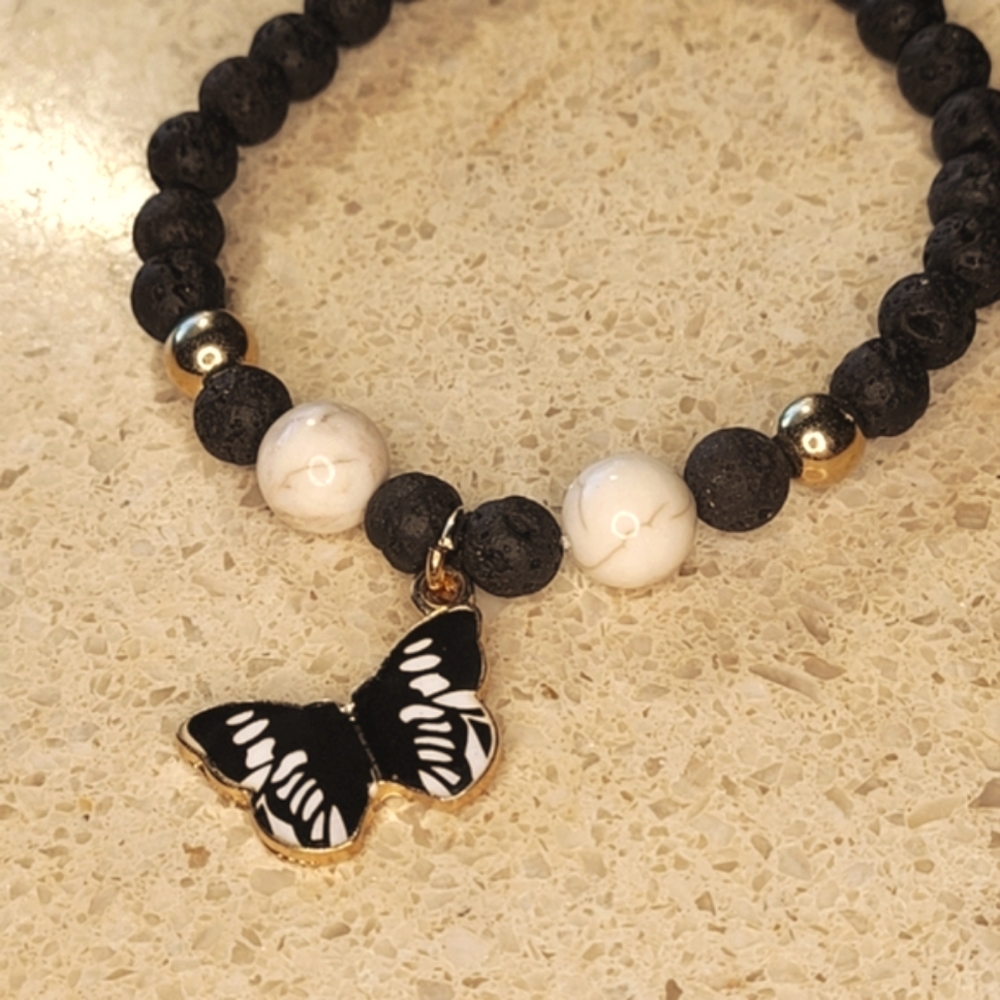 🤍3/$30 Howlite Stone Butterfly Lava Bead Handmade Bracelet - Picture 2 of 5